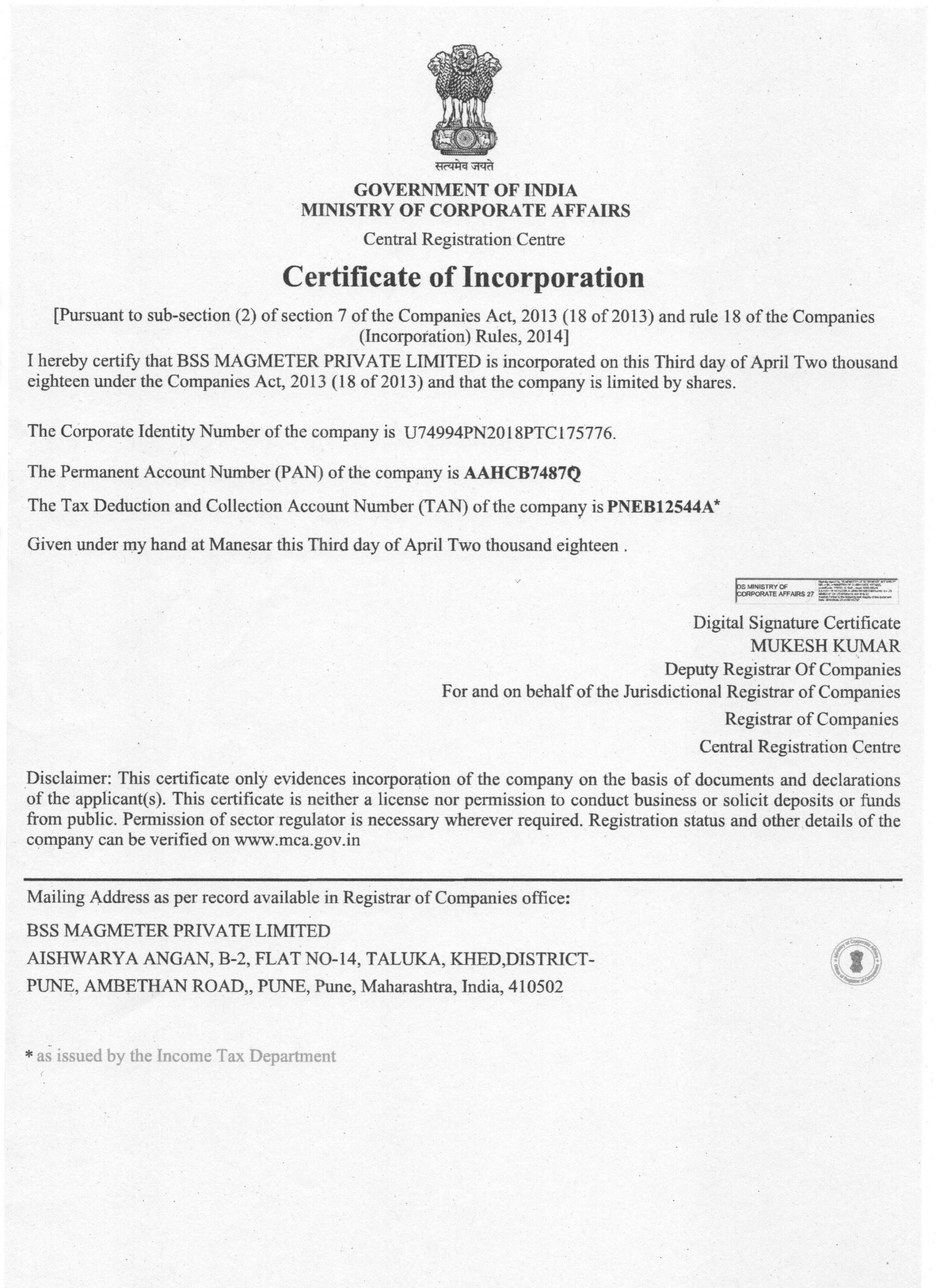 Incorporation Certificate 001
